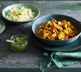 Coconut Chicken Curry with Cauliflower Rice and Coriander Pesto