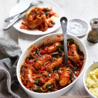 Chipolata Sausages in Tomato, Onion and Spinach Sauce