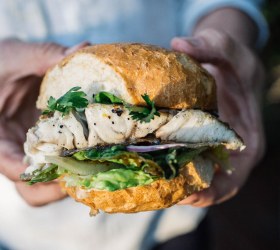 BBQ Barramundi Burger with Grilled Cos, Grilled Lemon & Jalapeno Tartare