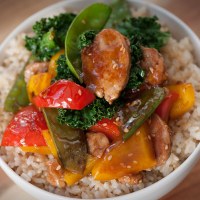 Honey and Soy Pork with Sesame Seeds and Kale