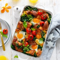 Cheesy Breakfast Strata with Roast Cherry Tomatoes