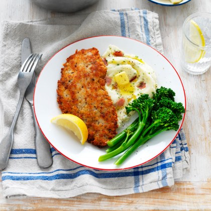 Chicken Schnitzel with Cheese, Bacon and Chive Butter Mash