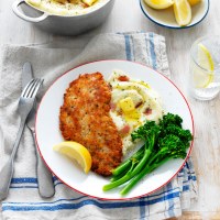 Chicken Schnitzel with Cheese, Bacon and Chive Butter Mash