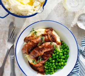 Cheesy Buttery Potato Mash with Sausage in Onion Gravy