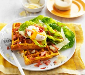 Chicken Caesar omelette waffles