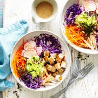 Avocado, chicken and cabbage nourish bowl