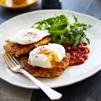 Cheesy Corn and Zucchini Fritters Poached Eggs and Tomato Relish