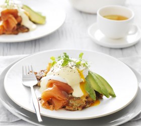 Poached Egg on potato rosti with Smoked Salmon and Avocado