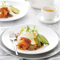 Poached Egg on potato rosti with Smoked Salmon and Avocado