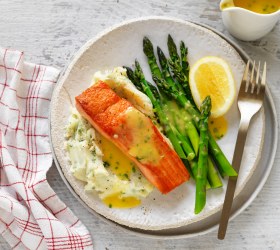 Garlic and Herb Buttery Mash with Salmon and Lemon Butter Sauce