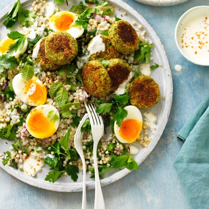 Broccoli Falafels with Buckwheat, Egg and Herb Salad