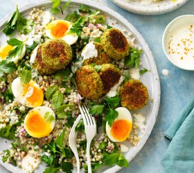 Broccoli Falafels with Buckwheat, Egg and Herb Salad