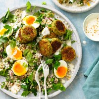 Broccoli Falafels with Buckwheat, Egg and Herb Salad