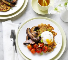 Zucchini Fritters with Portabella Mushrooms and Poached Egg