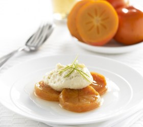 Lime poached persimmons with white chocolate mousse