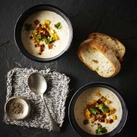 Hot Yoghurt Soup with Corn, Bacon and Coriander