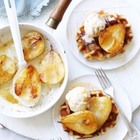 Waffles with Caramel Ice Cream and Pears