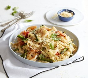 Chargrilled Asparagus and Tomato Fettuccine with King Prawns and Lemon Herb Butter