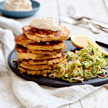 Ricotta, Leek and Corn Fritters with Zucchini Noodles