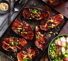 Glazed Teriyaki Eggplant with Edamame Rice Salad