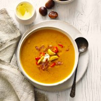 Spicy chestnut, pumpkin and pancetta soup