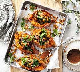 Baked Sweet Potatoes with Spinach, Chickpeas and Currants