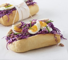 Red Cabbage Slaw with Soft-Boiled Egg on a Baguette