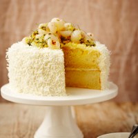 Coconut Lime Cake with Lime Curd and Cream Cheese Frosting, Lychees and Passion Fruit