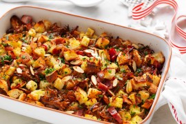 Crispy bacon and onion stuffing tray bake