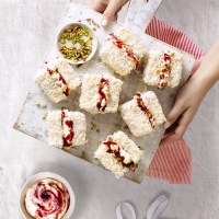 Pistachio, Raspberry and White Choc Lamingtons