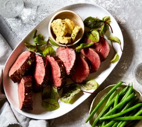 Whole Roasted Eye Fillet with Mustard, Parsley and Garlic Butter