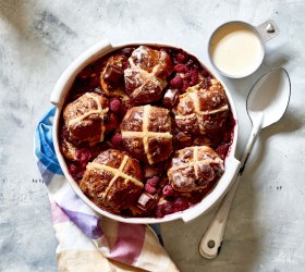 Easy Choc-Raspberry Hot Cross Bun Pudding